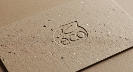 Macro detail shot of a recycled cardboard business card with an embossed eco logo against a kraft brown background. Minimal sustainable branding concept