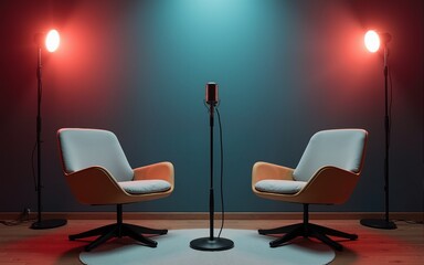 Vertical background image of podcast recording studio with two chairs, copy space. High quality