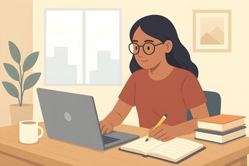 Young student studying online with laptop and books