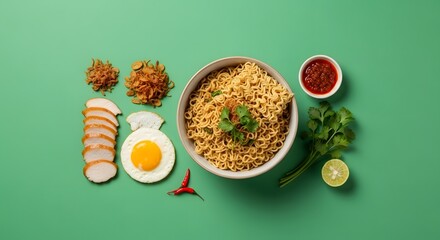 Delicious Ramen Bowl with Toppings on Green Background.