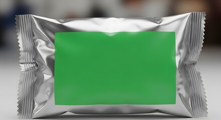 Shiny Silver Foil Pouch with Green Label Mockup for Branding.