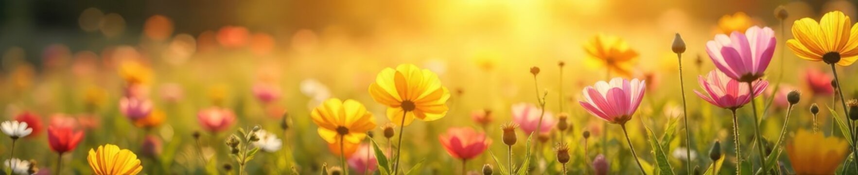 Fototapeta Vibrant abstract field of wildflowers swaying gently in a summer breeze, bathed in golden sunlight  Perfect for nature, travel, or environmental themes ,  tranquil,  colorful