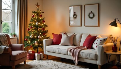 Naklejka premium Cozy living room decorated for Christmas with a beautifully adorned tree, soft blankets, and festive pillows, perfect for christmas and boxing day