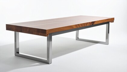 Modern rectangular table with dark wood top and metallic legs&mdash;sleek, minimalist furniture design.
