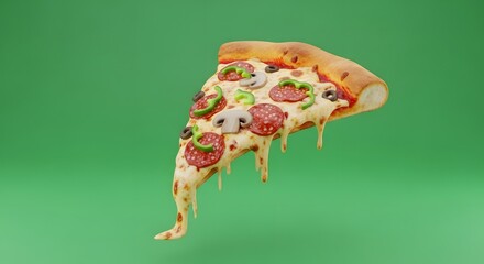 Delicious Slice of Pepperoni Pizza with Melted Cheese and Vegetables on Green Background.