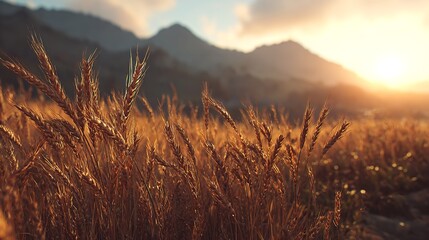 Golden wheat field swaying gently at sunset embracing the warmth and promise of harvest with distant mountains and