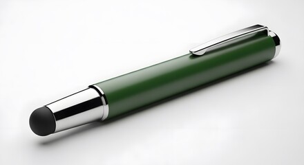 Elegant Green Stylus Pen with Silver Accents on White Surface.