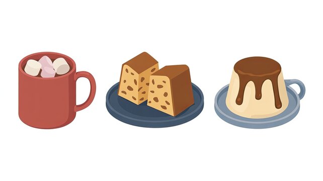A red mug of hot chocolate with marshmallows, two slices of fruitcake, and a pudding with chocolate sauce, isolated on a white background.
