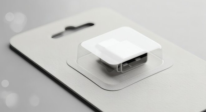 Close-up macro shot of a biodegradable blister packaging mockup for an electronics accessory with transparent film and blank white card backing. Even lighting for clarity concept