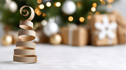 Obraz premium Golden glitter ribbon crafting a minimalist christmas tree, standing on a light surface with a bokeh background of a decorated tree and gift boxes, symbolizing celebration and holidays. Copy space