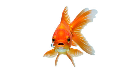 A bright orange goldfish swims, facing forward, with bubbles escaping its mouth against a white backdrop.
