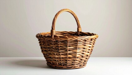 A woven wicker basket with a rounded handle sits empty on a flat surface