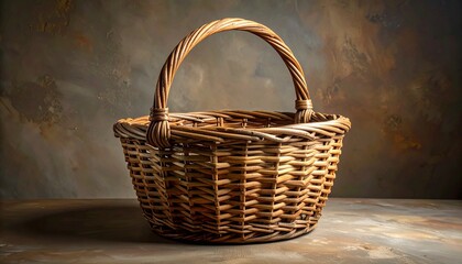 A woven wicker basket with a rounded handle sits empty on a flat surface