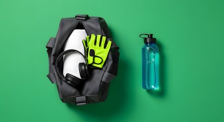 Gym bag with workout essentials and water bottle on a vibrant green background.
