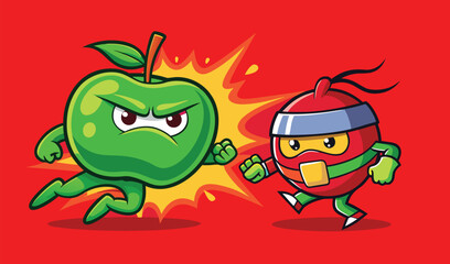 Obraz premium Cartoon green apple ninja is fighting with red tomato ninja on a red background, vector illustration, healthy food concept, martial art, sport