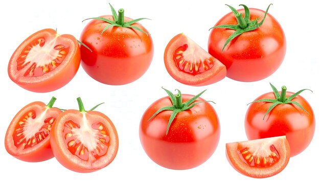 Fresh tomatoes, halved and whole, isolated on white