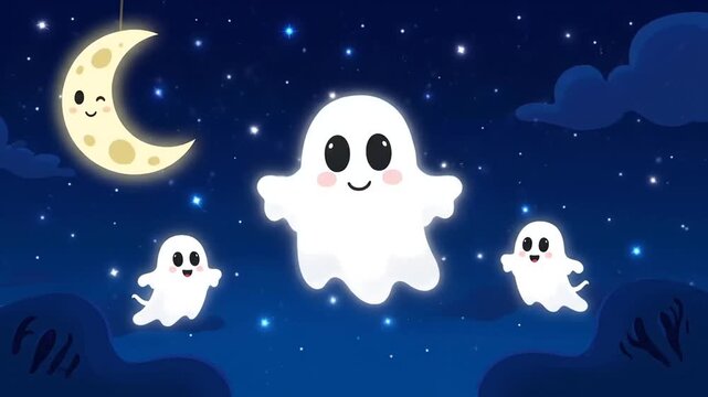 Cute Nighttime Scene with Smiling Moon and Cloud Characters Set in a Starry Sky
