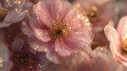 A delicate dance of pink petals adorned with golden glitter evoking feelings of enchantment wonder and joy with soft