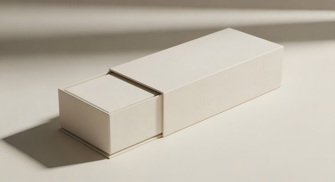 Photorealistic rectangular product box mockup with a sleeve partially slid out on a neutral cream background, angled side lighting.