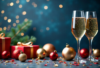Festive champagne glasses with Christmas decorations