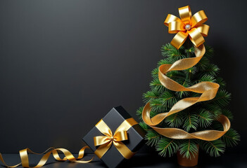 Black background with gift box and New Year tree, top view, text space