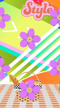 Animation of purple flowers, style texts, bread, hotdog, sandwich, tomatoes over abstract background