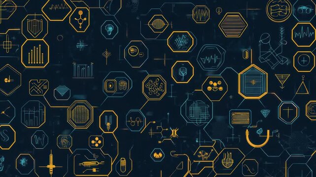 A digital illustration showing interconnected hexagonal shapes with icons representing different scientific concepts