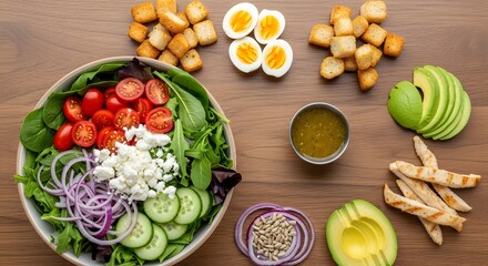 Colorful Salad Ingredients Laid Out on Wooden Surface.