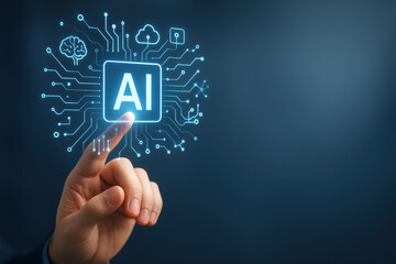 Obraz premium Artificial intelligence technology concept with human finger pointing on AI icon surrounded by digital circuit and cloud symbol representing online education and innovation