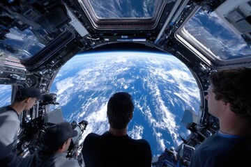 Astronauts observing Earth from the International Space Station during a clear day in orbit