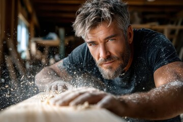 Skilled woodworker shaping a piece of wood in a workshop filled with natural light