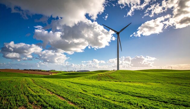 Parc &Eacute;olien sur Collines Verdoyantes Sous Ciel Dramatique et Ensoleill&eacute;, &Eacute;nergie Renouvelable