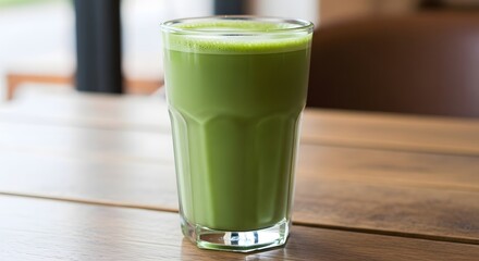 A tall glass of vibrant green smoothie on a wooden table.