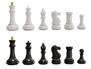 Elegant White and Black Chess Set with Gold Trim for Strategy, Luxury Isolated on Transparent Background.