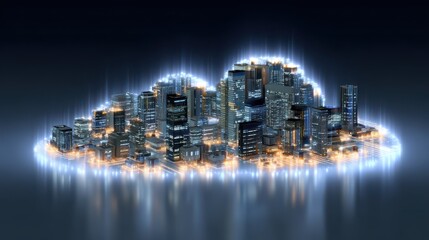 Obraz premium glowing circuit board shaped like a cityscape visualizing cloud software service platform computing technology digital foundation