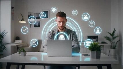 Businessman working on a laptop with a futuristic holographic user interface displaying various icons around him. - Powered by Adobe