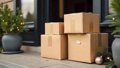 High-resolution image of stacked cardboard parcels on doorsteps, neutral labels, small winter decorations nearby, soft shadowing, perfect for boxing day