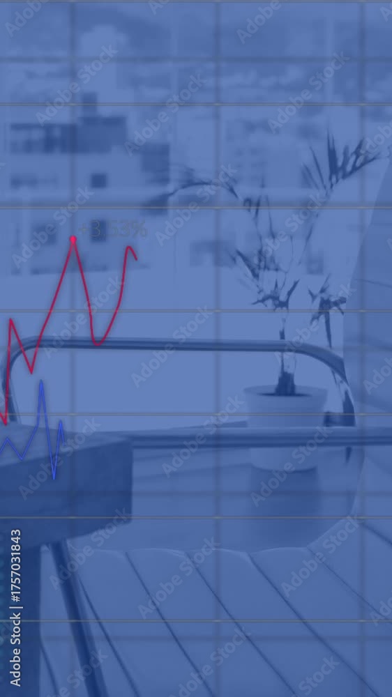 Wall mural animation of red line, statistics and financial data processing over desk in office
