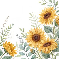 Vibrant watercolor illustration of sunflowers with green leaves and stems, capturing summers warmth