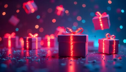 Boxing Day and christmas celebration featuring floating gift boxes illuminated by vibrant neon lights