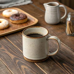 Coffee mug and donuts on rustic wooden table top