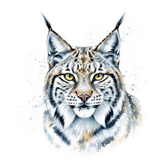 Obraz premium Detailed Lynx Portrait Illustration with Yellow Eyes and Blue Splatter Isolated on White Background