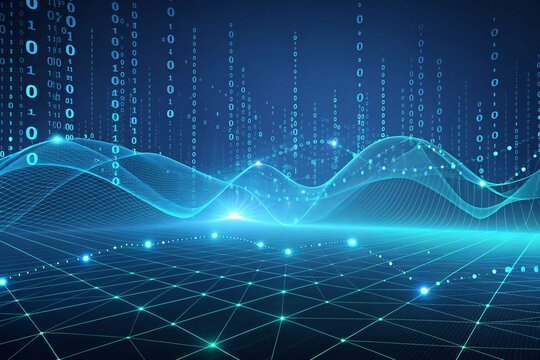 Abstract digital wave pattern with cascading binary code and glowing grid network