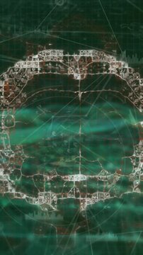 Animation of network of connections against spinning human brain icon and digital wave