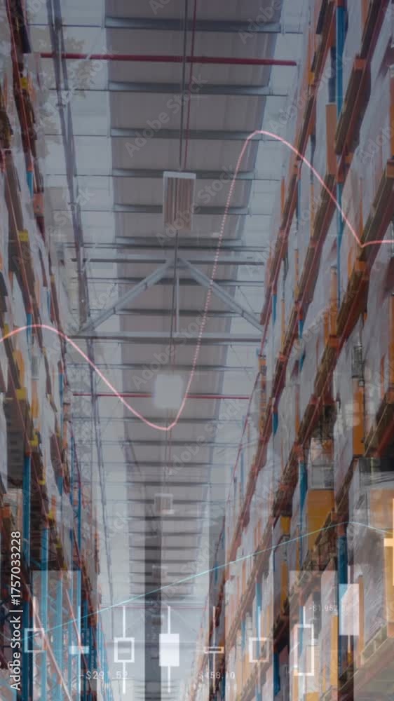 Wall mural animation of statistics and financial data processing over warehouse