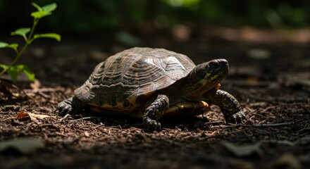 Obraz premium A close-up view of a turtle resting on the ground in a forest