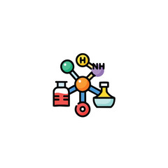 Fototapeta premium A colorful, vector illustration depicting a molecular structure with connected spheres, flasks, and chemical symbols, representing science and research concepts on a white background.