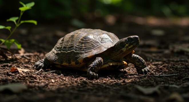 A close-up view of a turtle resting on the ground in a forest