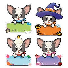 目を引く！ゆるカワ、チワワが案内する愛らしい看板イラストセット - 4種セット（ノーマル・正月・ハロウィン・バレンタイン）