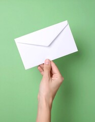 Fototapeta premium Hand holding a white envelope against a green background